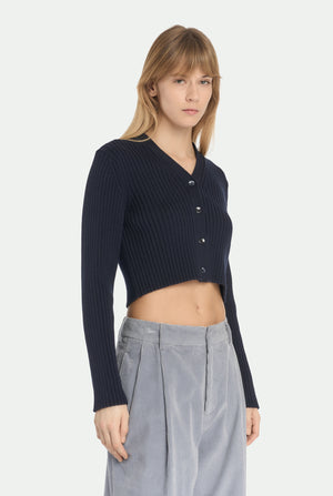 Cardigan a costa in lana vergine